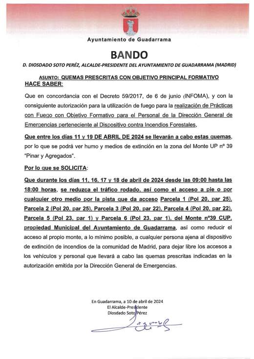 Bando Ejercicios fuego en Guadarrama