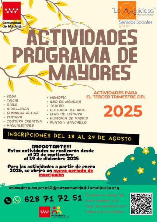 Cartel de las nuevas actividades para mayores de la Mancomunidad La Maliciosa en Guadarrama