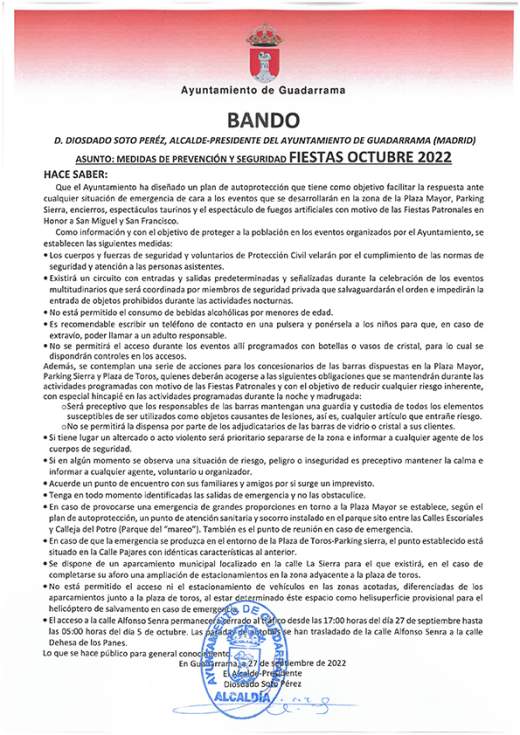 Bando de medidas de seguridad en las fiestas de Guadarrama