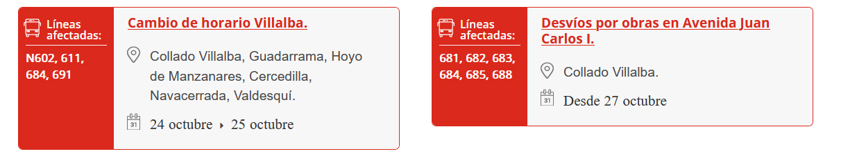 Aviso de cambio de parada en diversas l&iacute;neas de autob&uacute;s por obras en Avenida Juan Carlos I en Collado Villalba